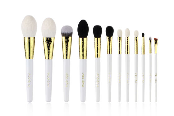 Brosses naturelles de maquillage de cheveux d'or luxueux de 12 morceaux avec la marque de distributeur